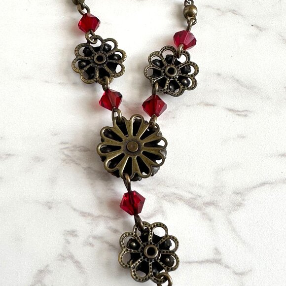 Liz Paiacios Red Rhinestone Lariat Necklace, Vintage Crystal Jewelry - Picture 4 of 8